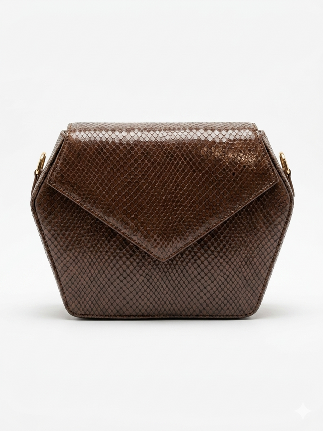 Chocolate Snakeskin Embossed Leather Dara Bag