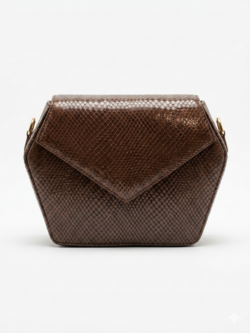 Chocolate Snakeskin Embossed Leather Dara Bag