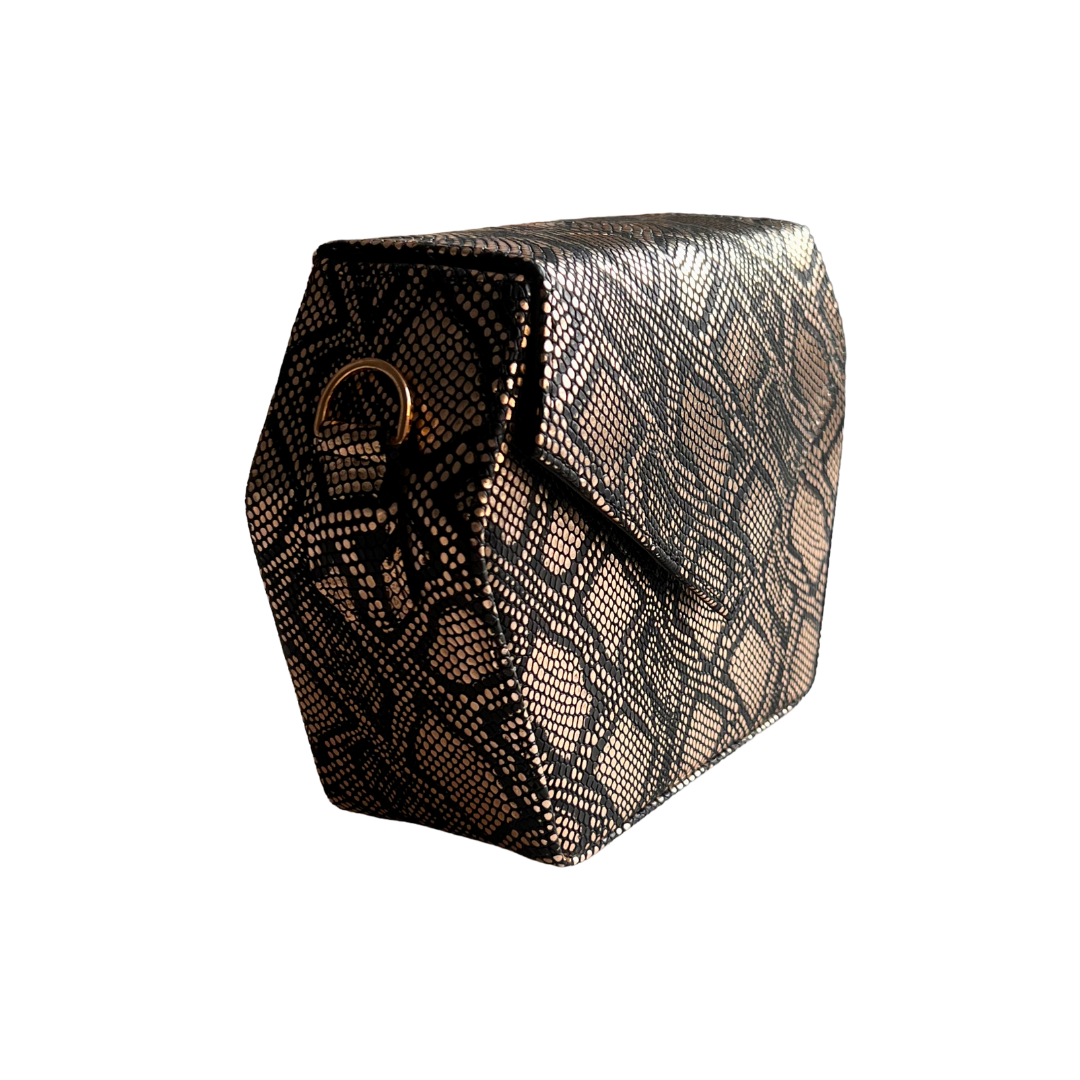 Gold and Black Snakeskin Embossed Leather Dara Bag